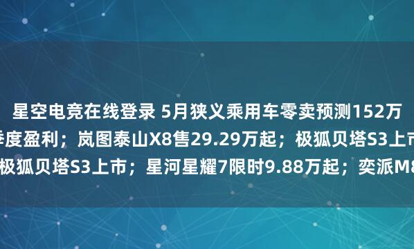 星空电竞在线登录 5月狭义乘用车零卖预测152万辆;蔚来连气儿两个季度盈利;岚图泰山X8售29.29万起;极狐贝塔S3上市;星河星耀7限时9.88万起;奕派M8首发亮相